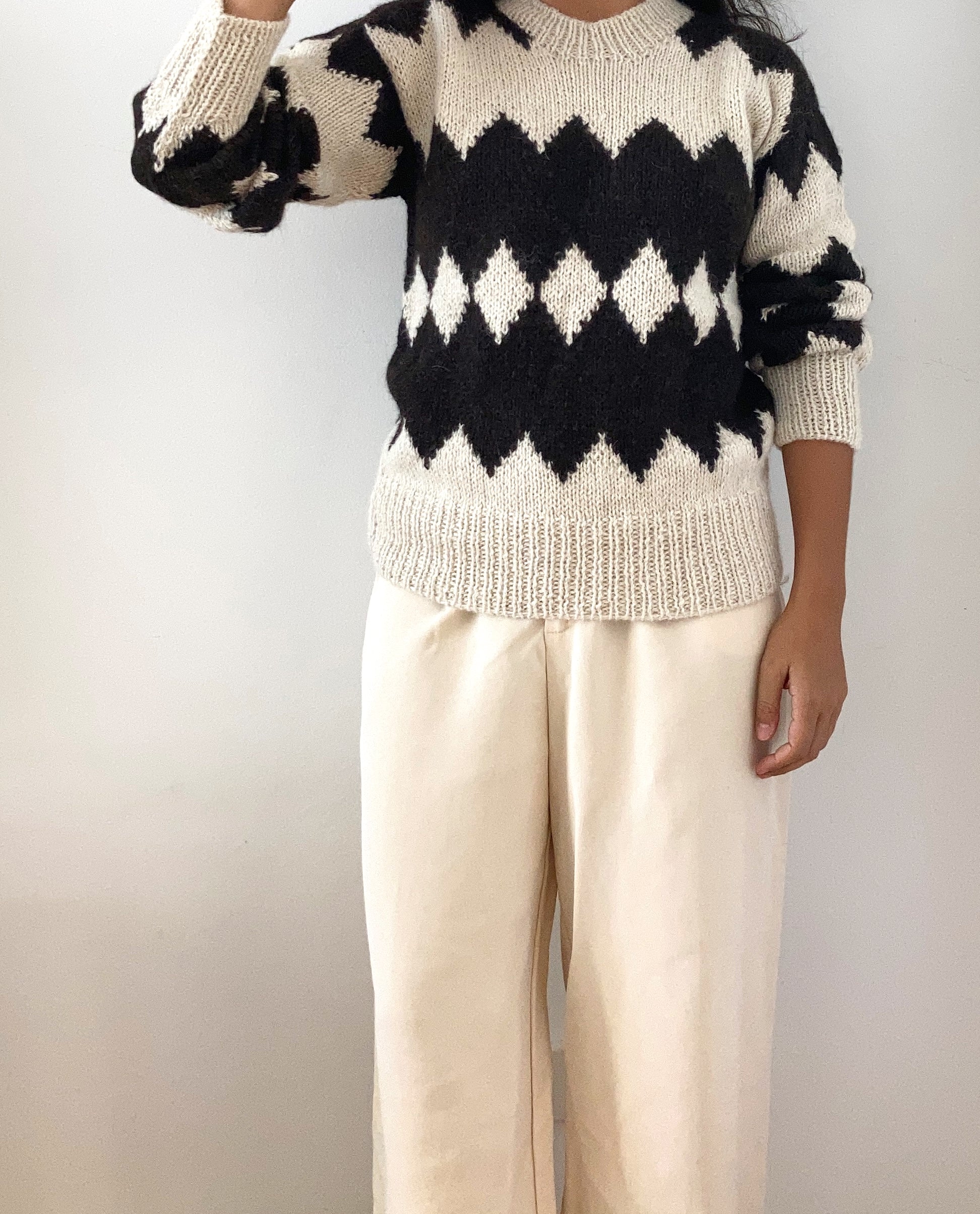 Hand Knitted Black and White Sweater, llama wool by Quechua artisans, Argentina