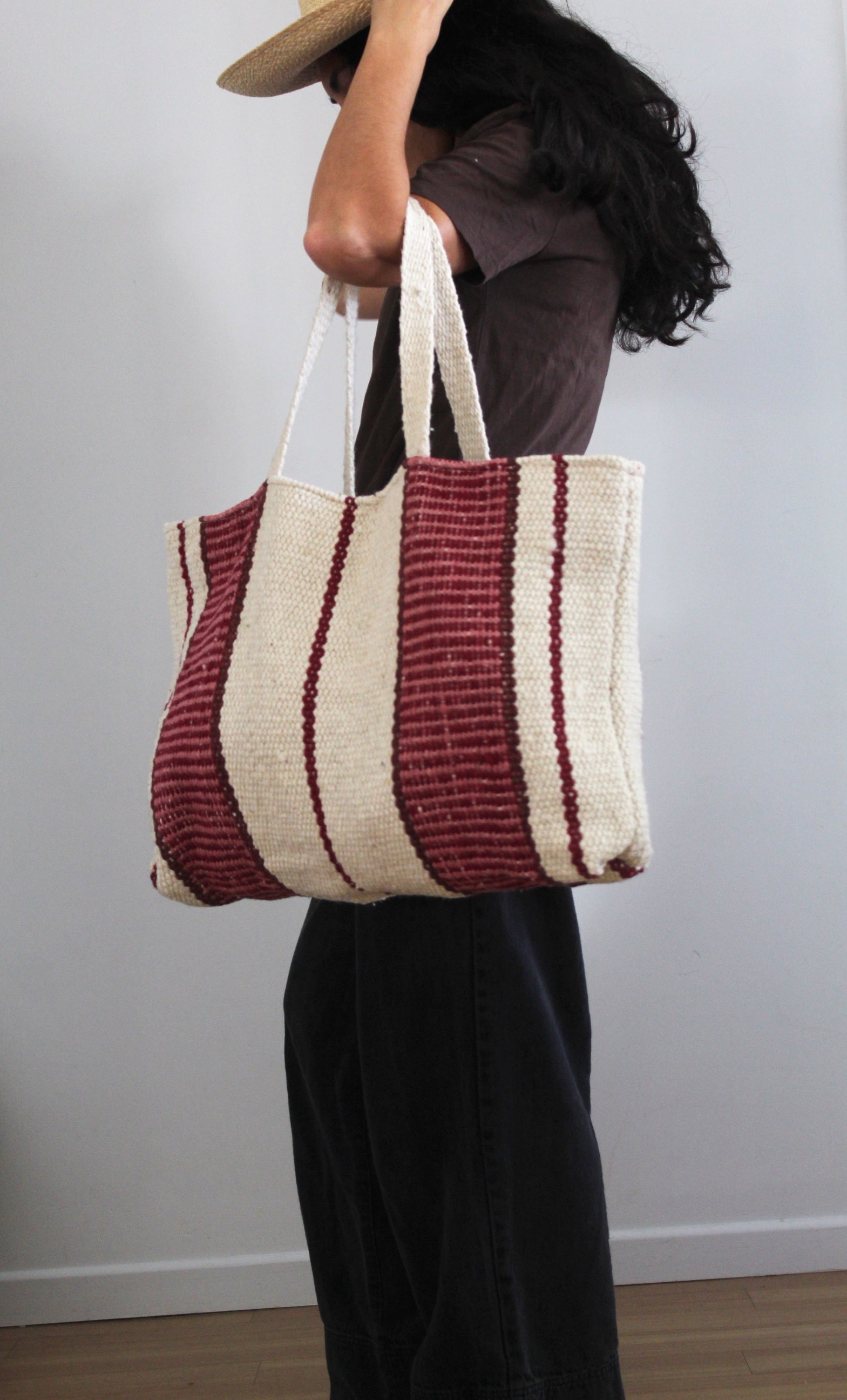Hand woven XL Stripe Wool Bag | Natural & Plum
