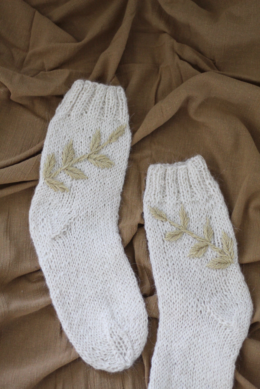 Kids Socks Natural and Sand Hand Embroidered, llama wool, Argentina