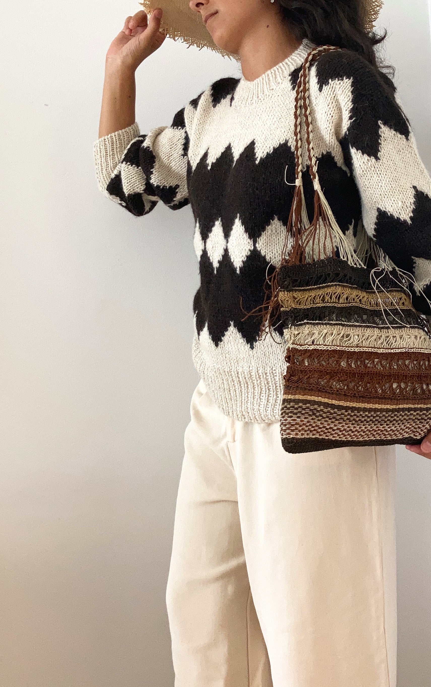 Hand Knitted Black and White Sweater, llama wool by Quechua artisans, Argentina