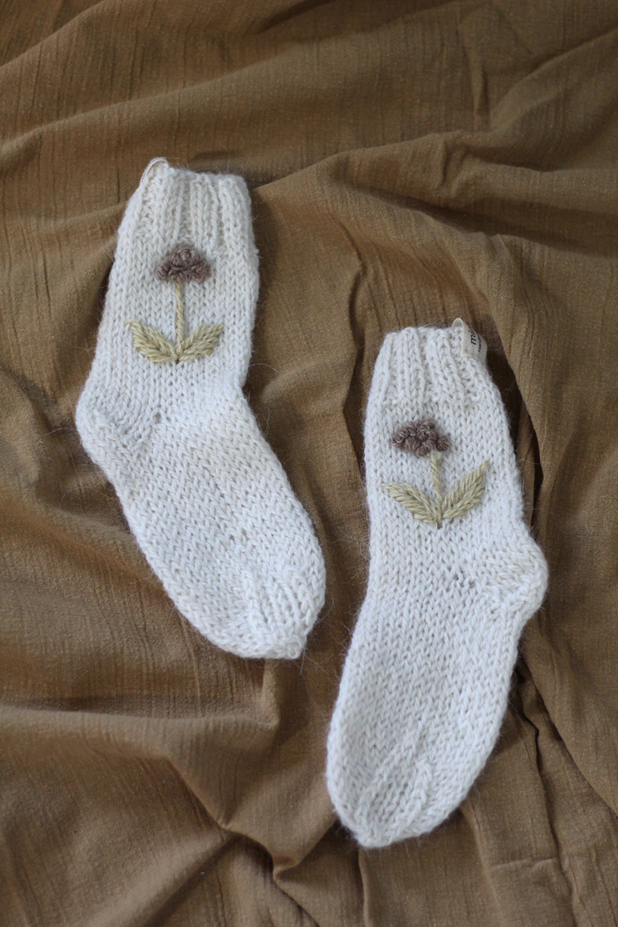 Toddler Socks Natural Hand Embroidered, llama wool, Argentina