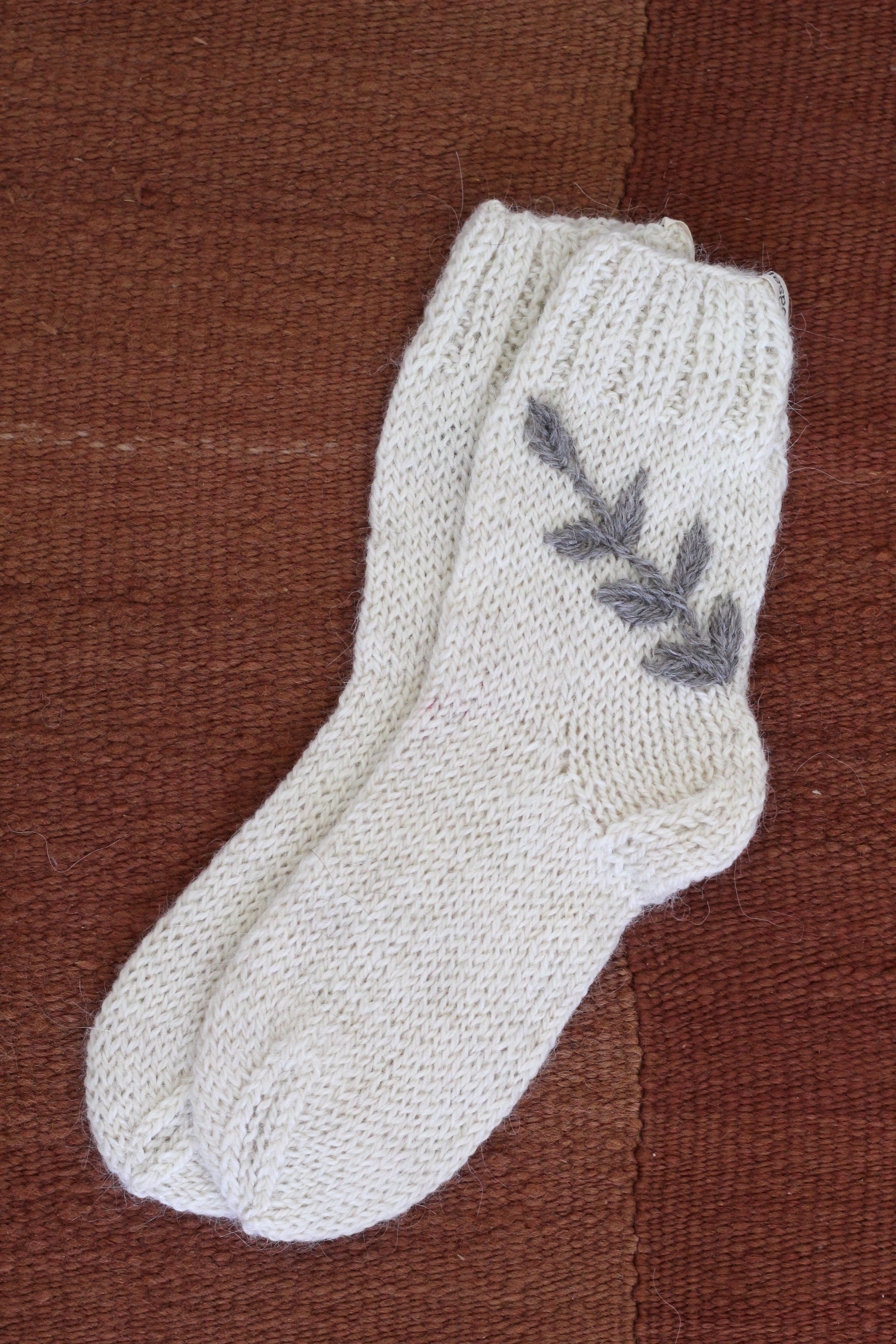 Hand Knitted Socks Natural and Grey Embroidered, llama wool, Argentina
