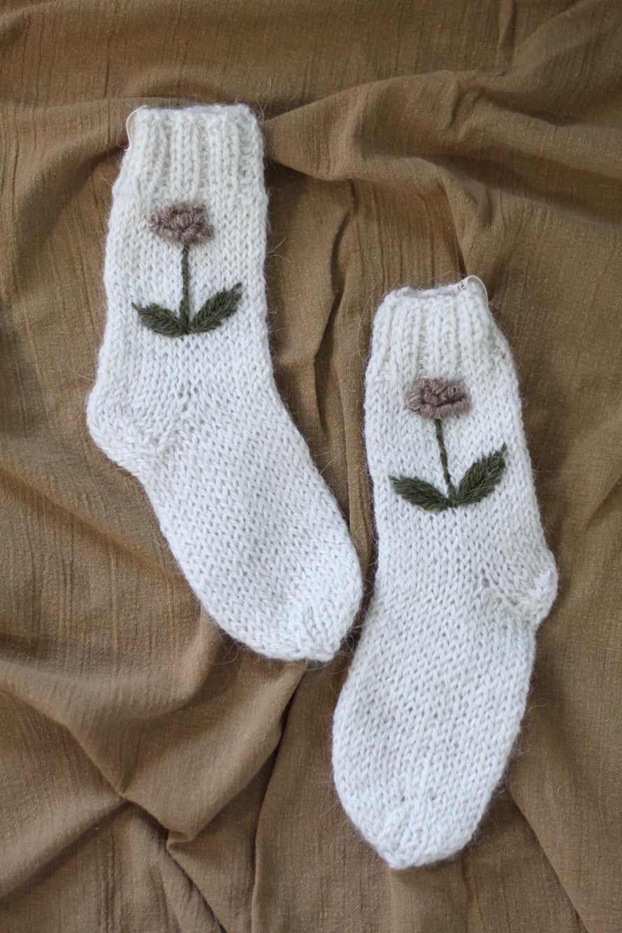 Toddler Socks Natural Hand Embroidered, llama wool, Argentina