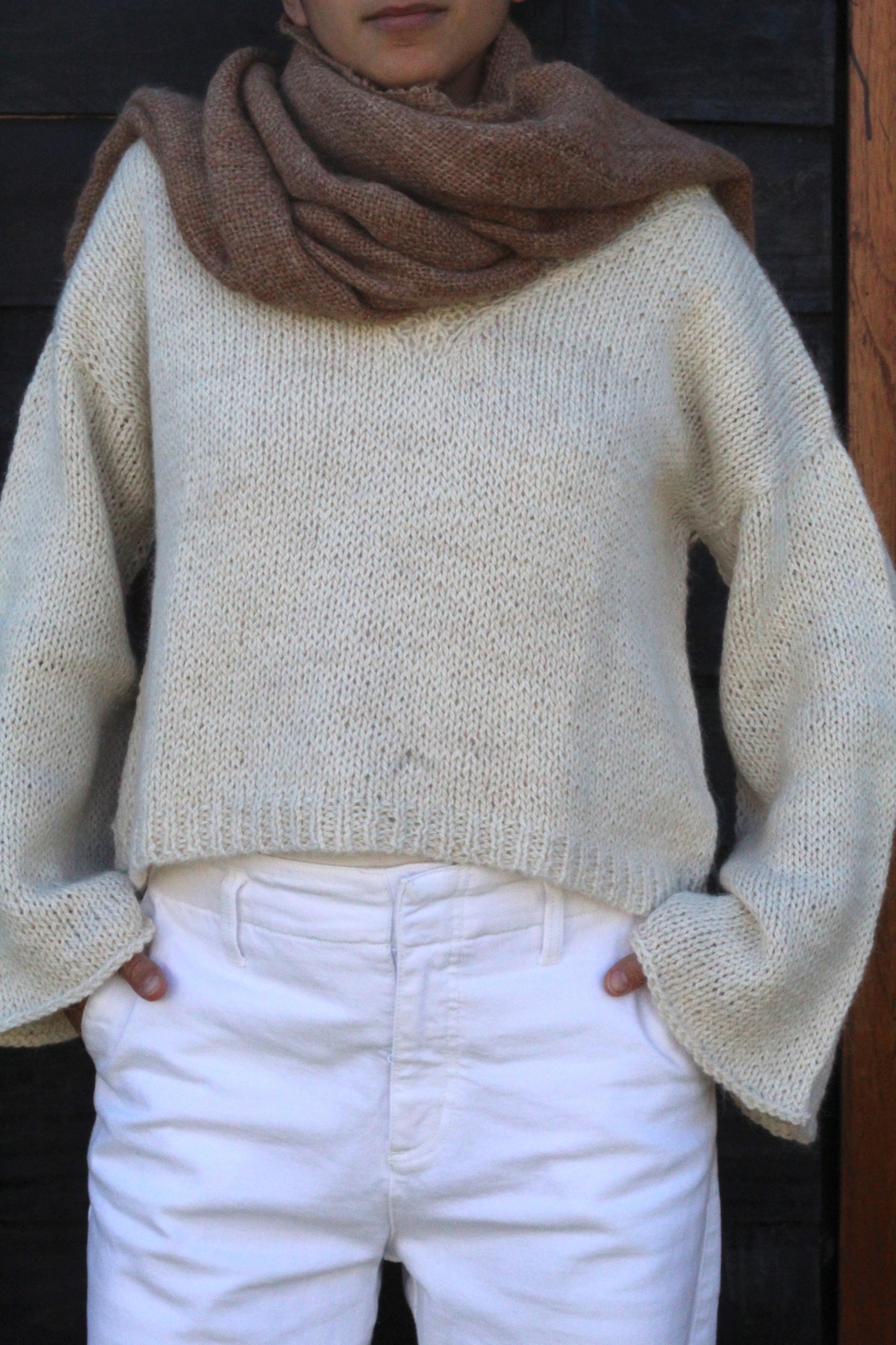 V-Neck Natural Cropped Sweater, llama wool by Quechua artisans, Argentina