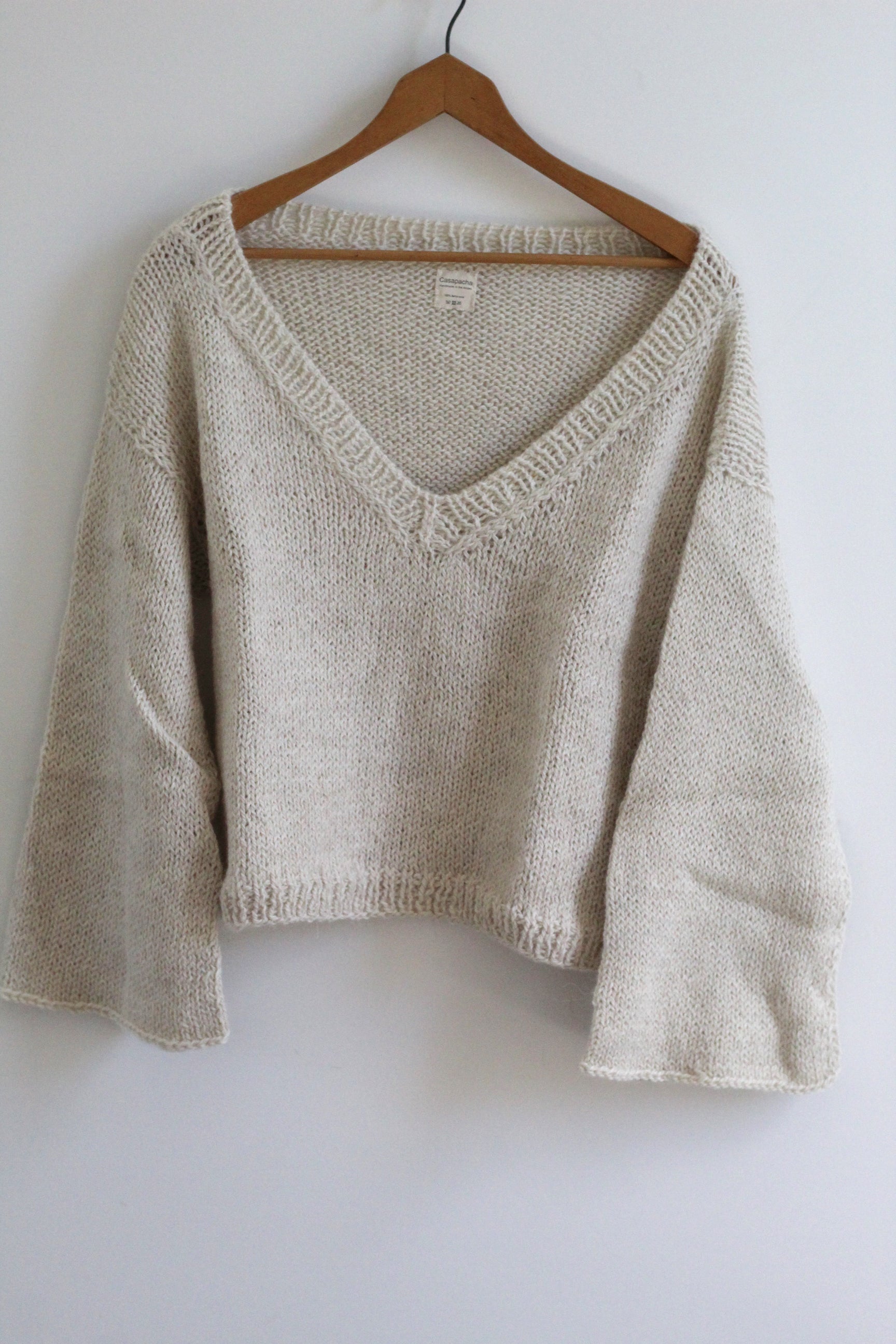V-Neck Natural Cropped Sweater, llama wool by Quechua artisans, Argentina