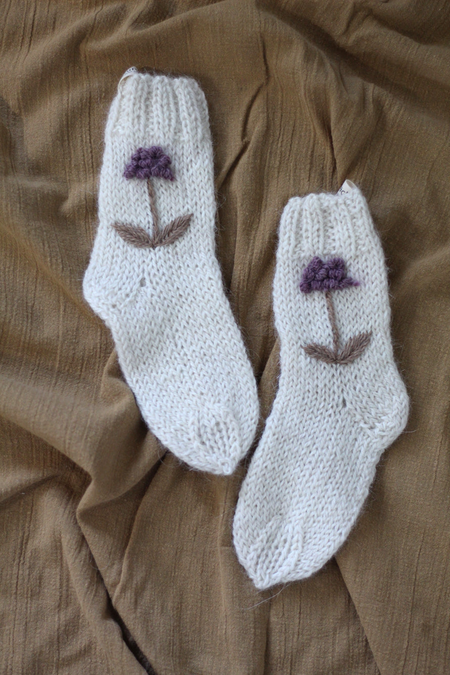 Toddler Socks Natural Hand Embroidered, llama wool, Argentina