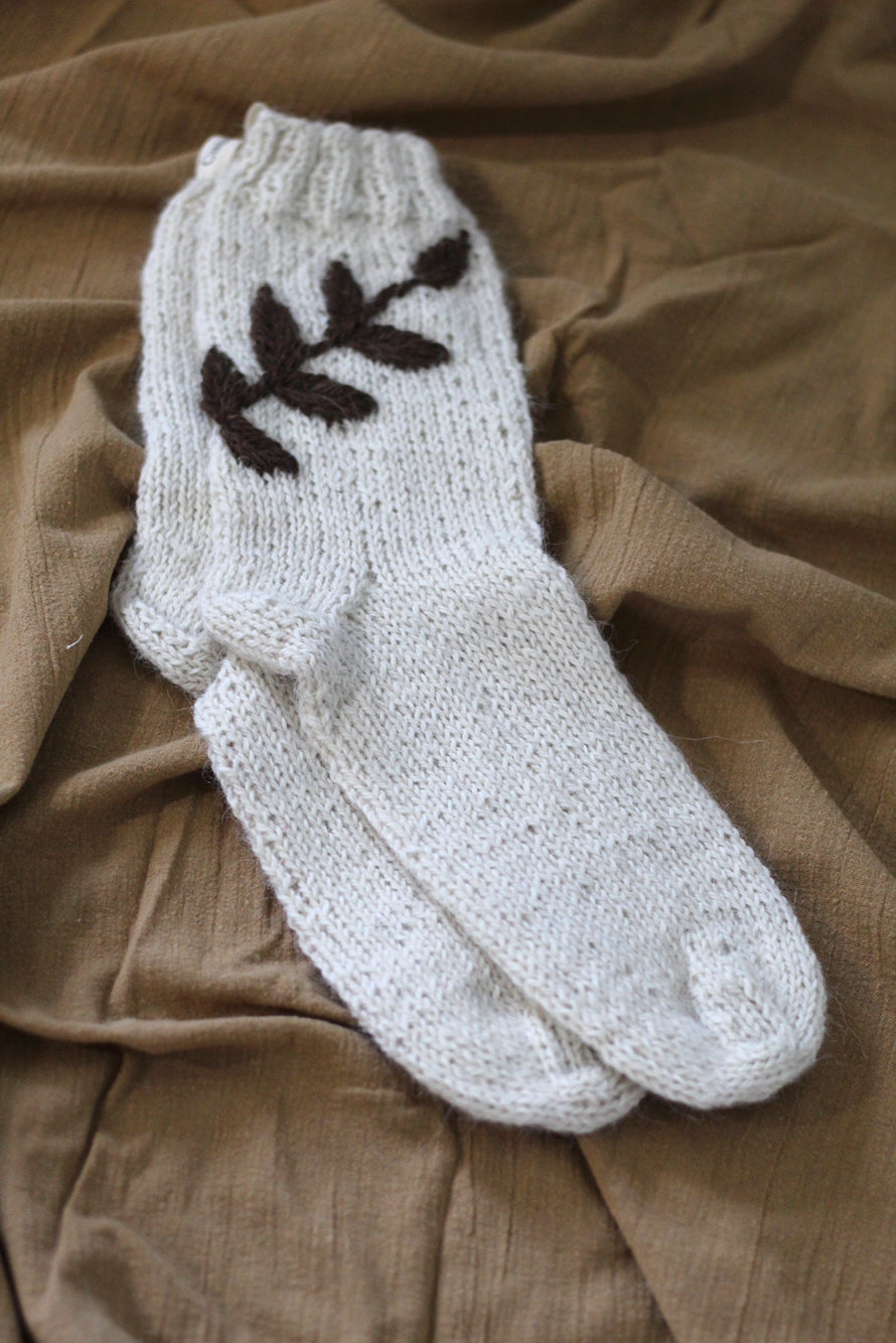 Kids Socks Natural and Chocolate Hand-Embroidered, llama wool, Argentina