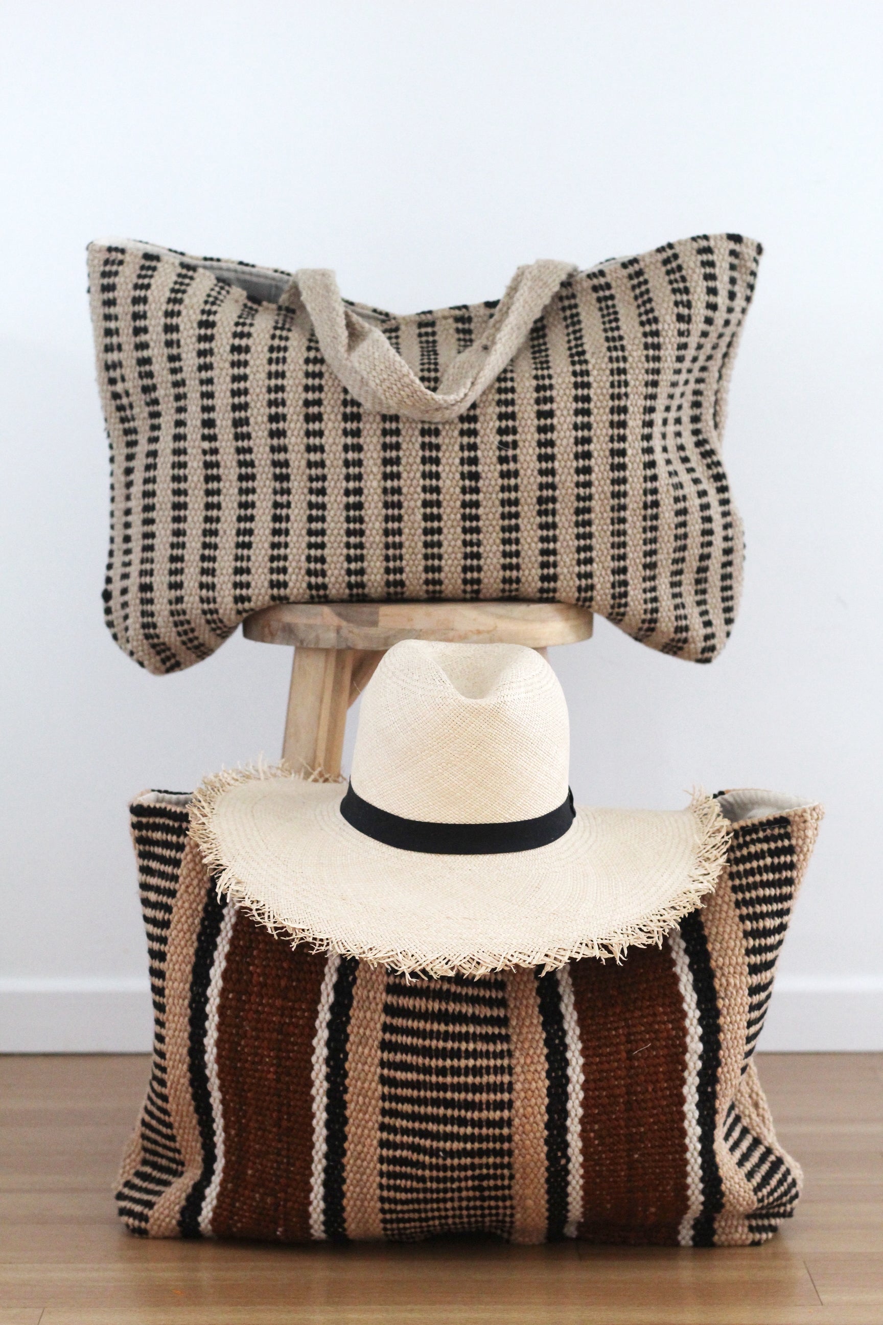 Hand woven XL Stripe Wool Bag | Beige & Black