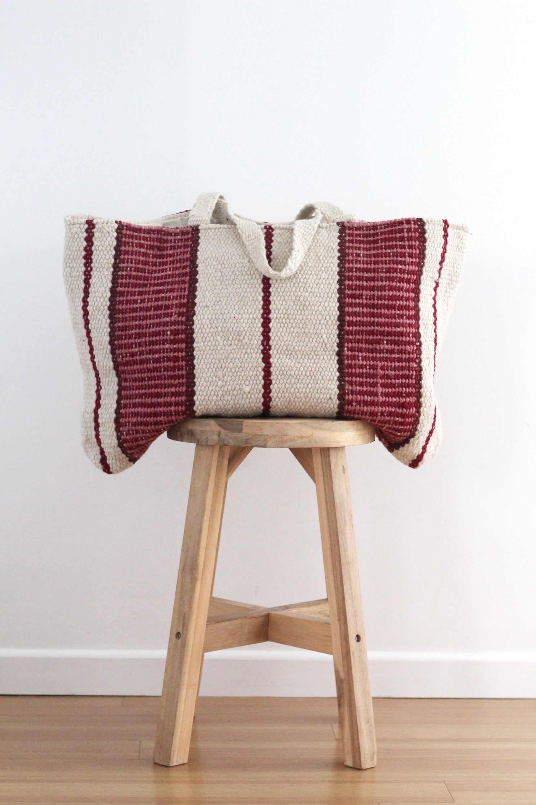 Hand Woven XL Stripe Wool Bag Natural and Plum, hand-loomed sheep wool, Argentina