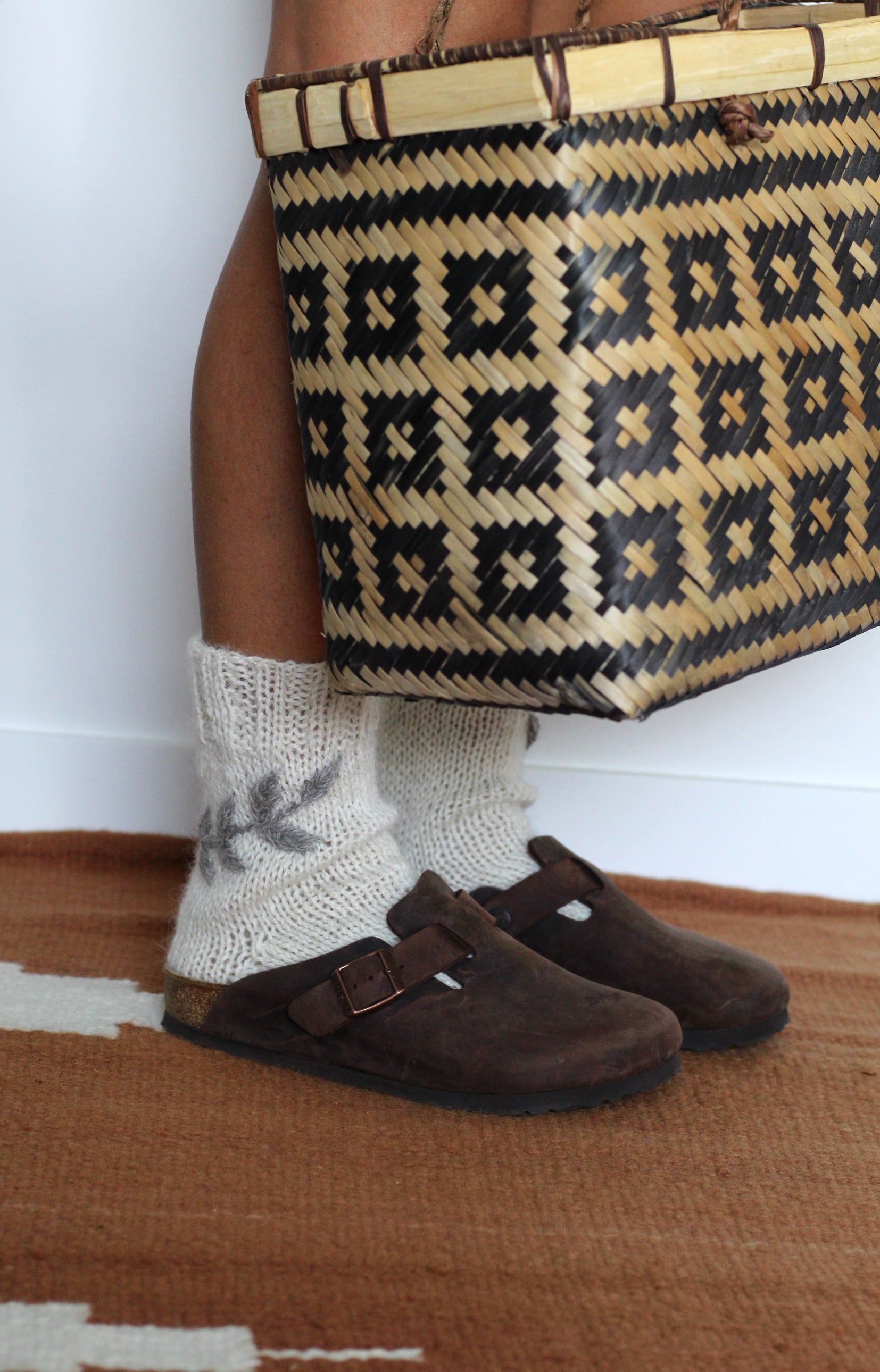 Hand Knitted Socks Natural and Grey Embroidered, llama wool, Argentina