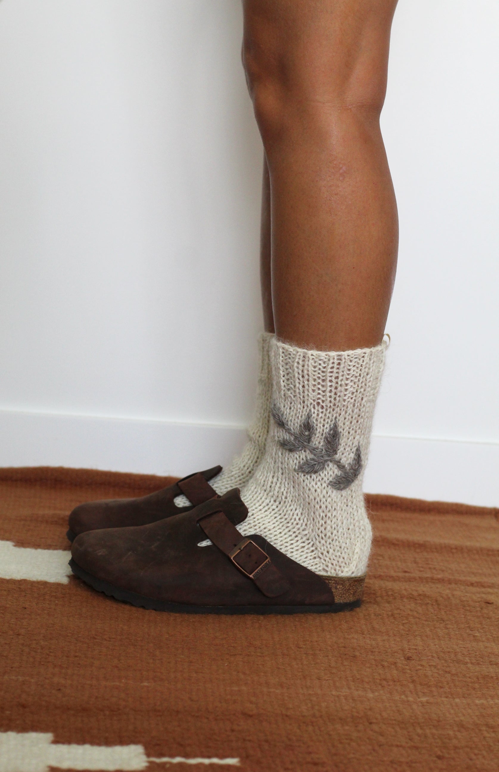 Hand knitted Socks | Natural & Grey Hand Embroidered