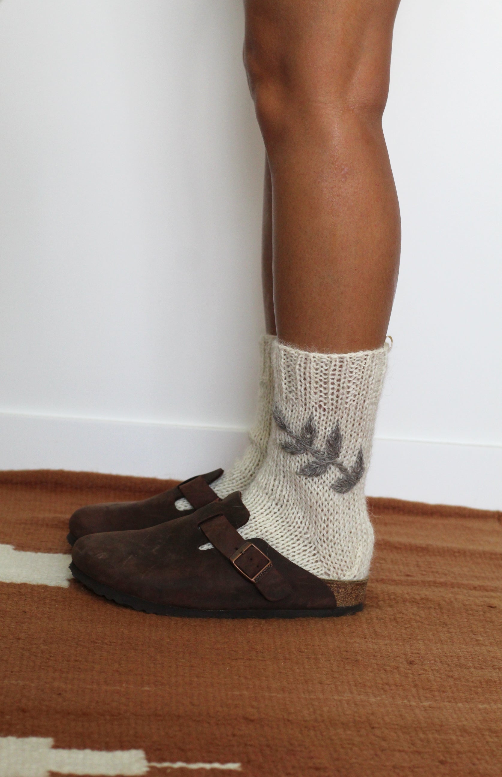Hand Knitted Socks Natural and Grey Embroidered, llama wool, Argentina