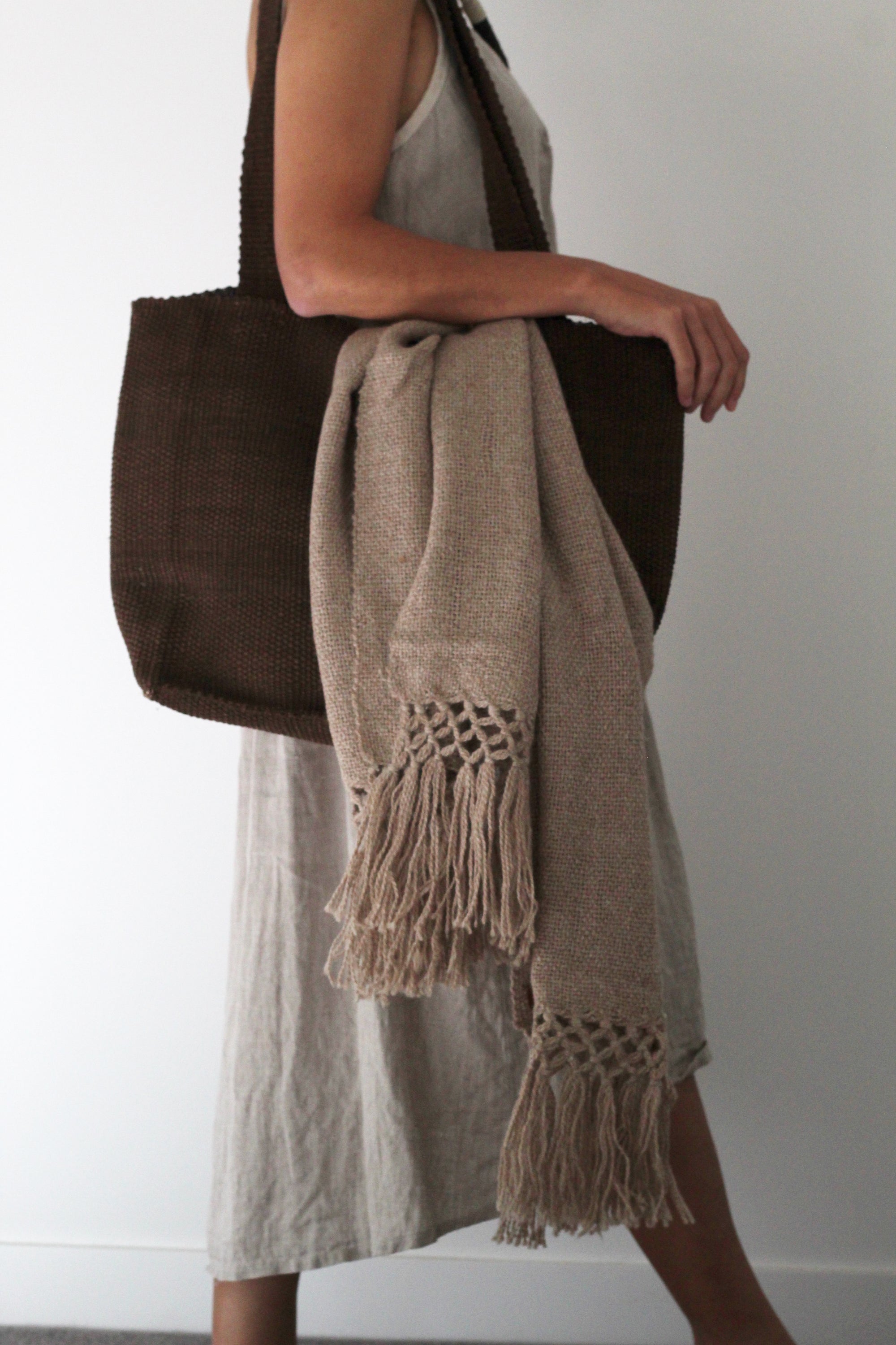 Llama Wool Oversized Scarf Latte, hand-loomed Andean llama wool, Argentina