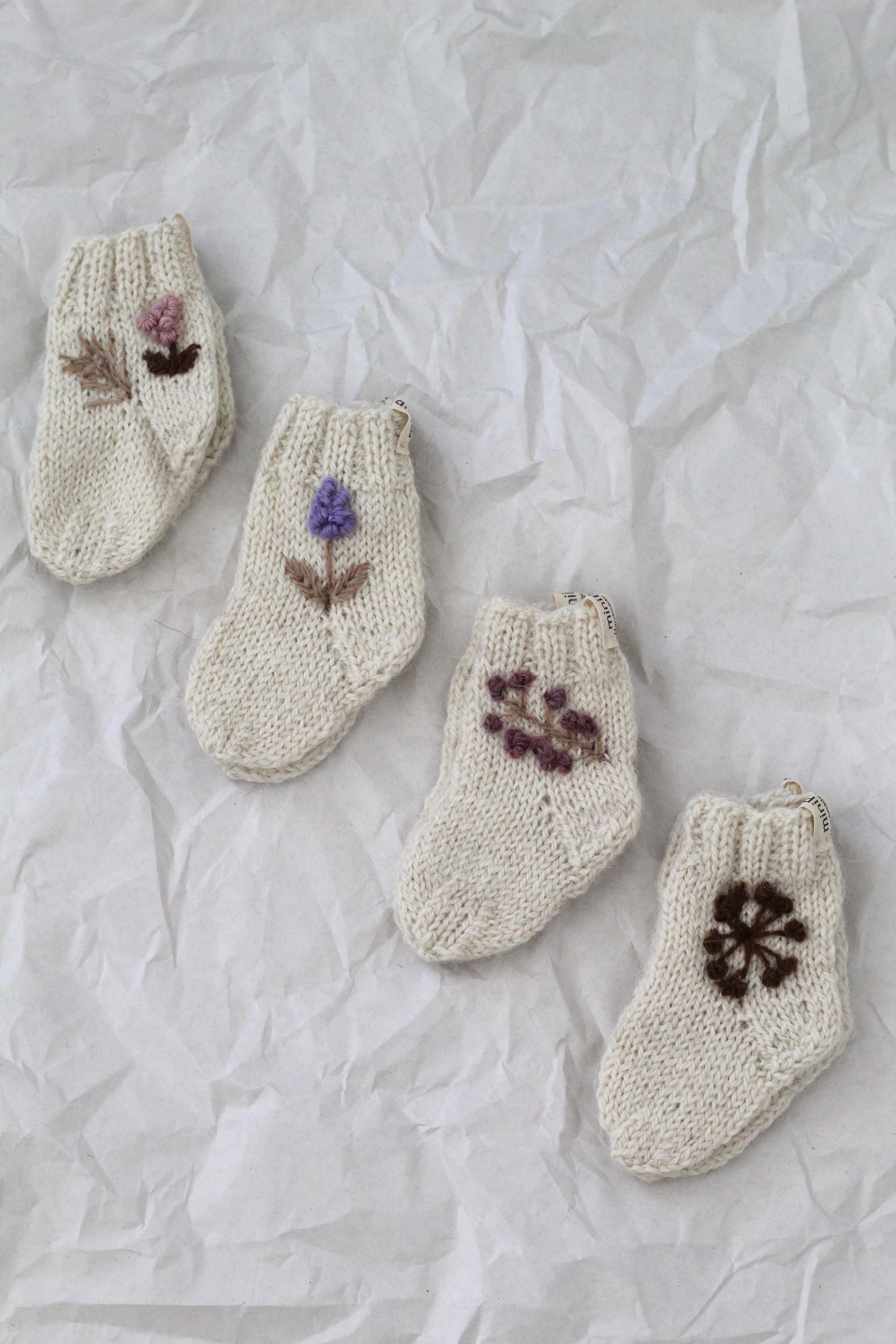 Baby Socks Natural Hand Embroidered, llama wool, Argentina